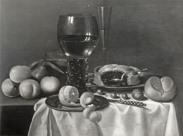 Anonimo — Claesz. Pieter - sec. XVII - Natura morta con pasticcio, frutta, pane e calice — insieme